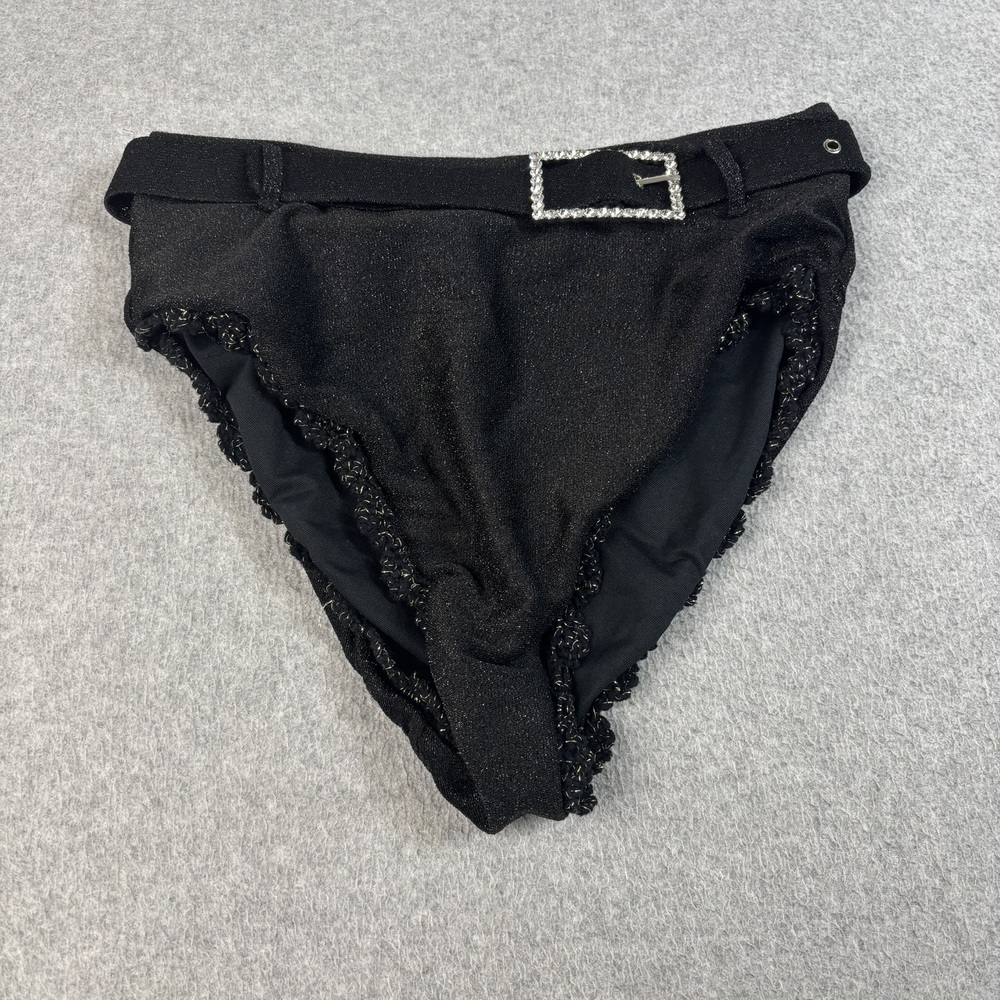 Maiyo Bikini Bottom Women Large Black Shimmer Glitter Belted Crochet Ruffle Swim